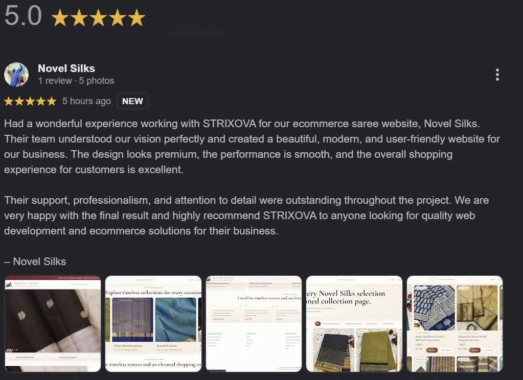 Google Review for Novel Silks ecommerce web development