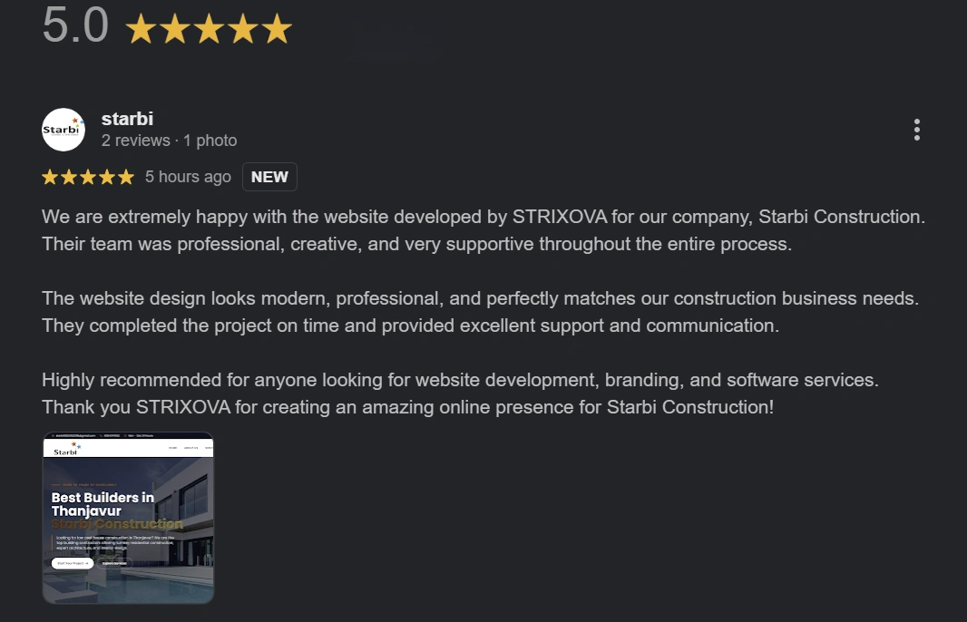 Google Review for Starbi Construction Website Development